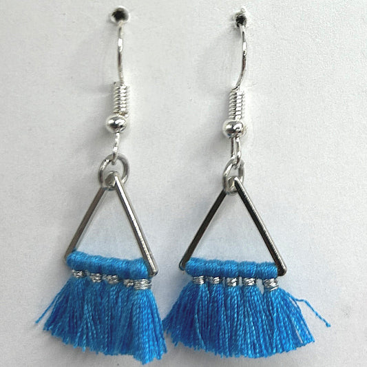 Blue Triangle Thread Tassel Earrings