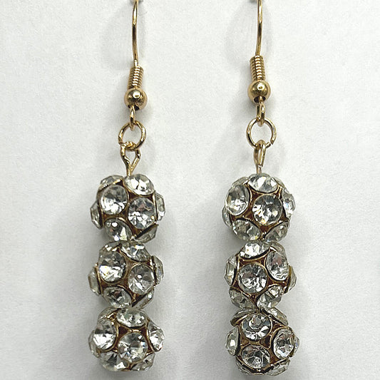 Triple Golden Rhinestone Ball Earrings