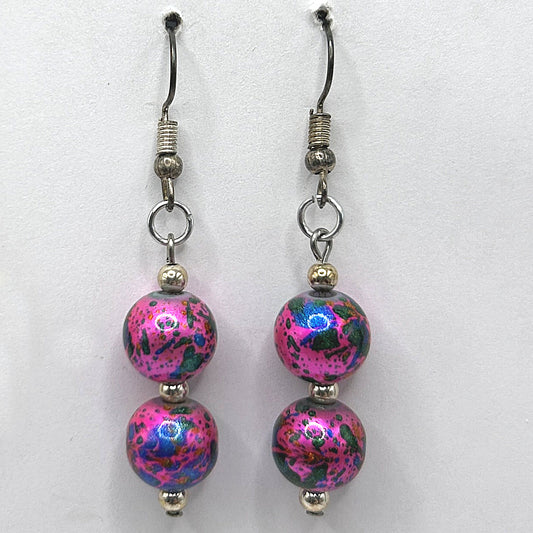 Pink and Blue Splatter Double Ball Earrings
