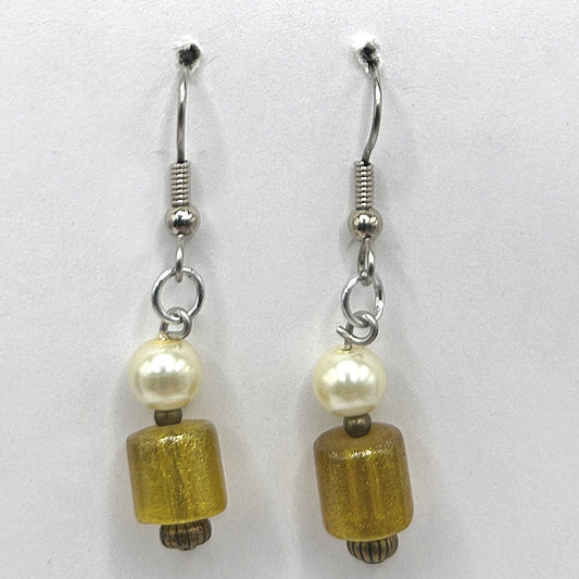 Yellow Glass Tube Drop Earrings with Faux Pearl