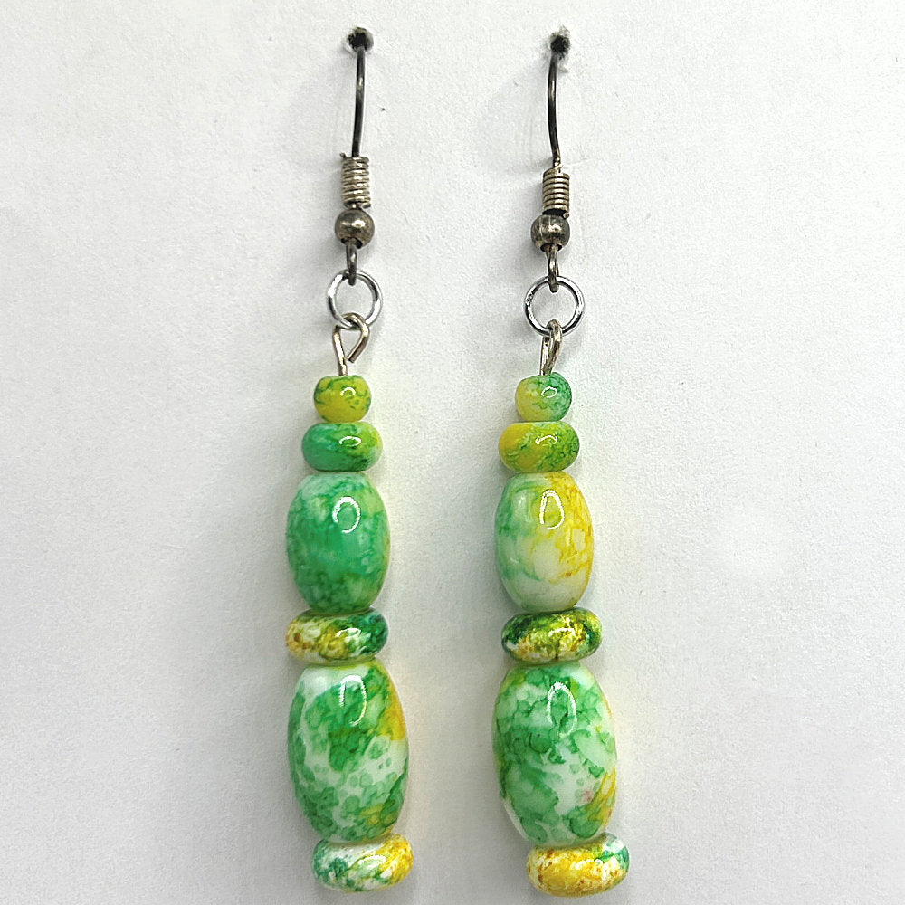 Yellow, Green, and White Swirled Long Dangle Earrings