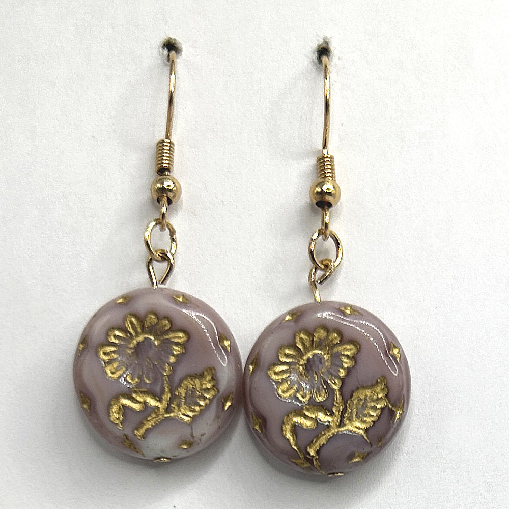 Light Purple Disc Earrings with Golden-Washed Flower Motif