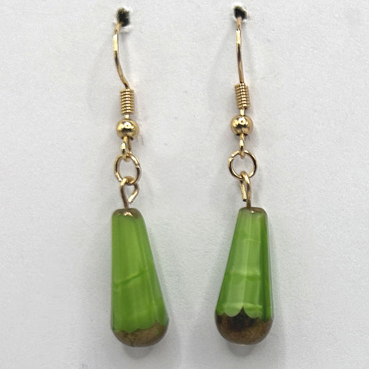 Green Czech Glass Raindrop Earrings with Metal Accent