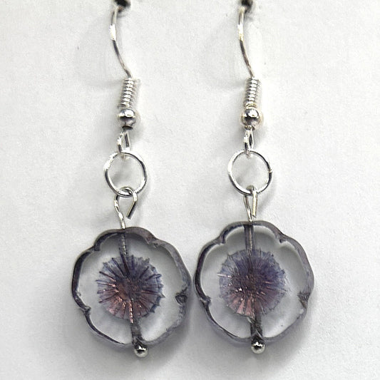 Clear Purple Flower Earrings with Etched Center