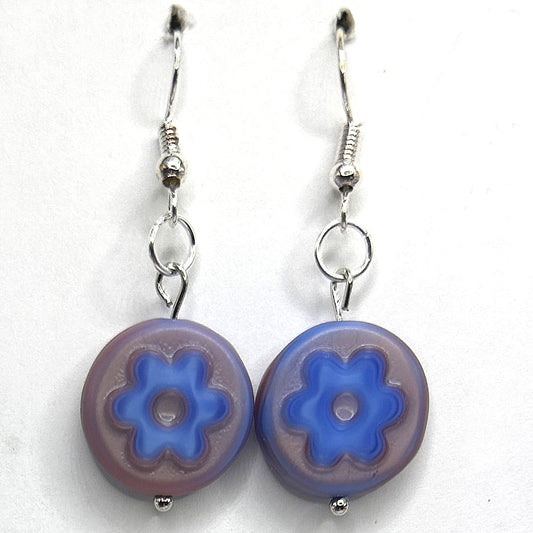 Purple Disc Earrings with Blue Flower