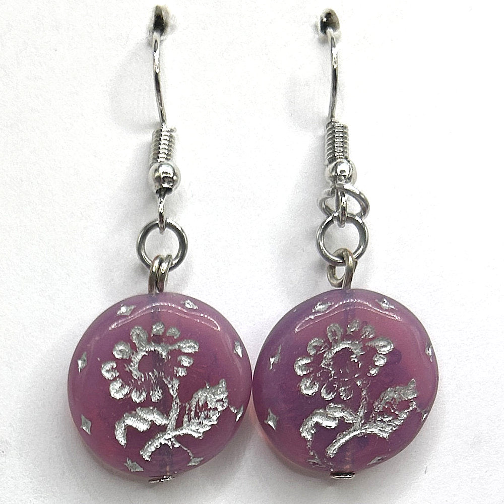 Purple Czech Glass Disc Earrings with White Flower Motif