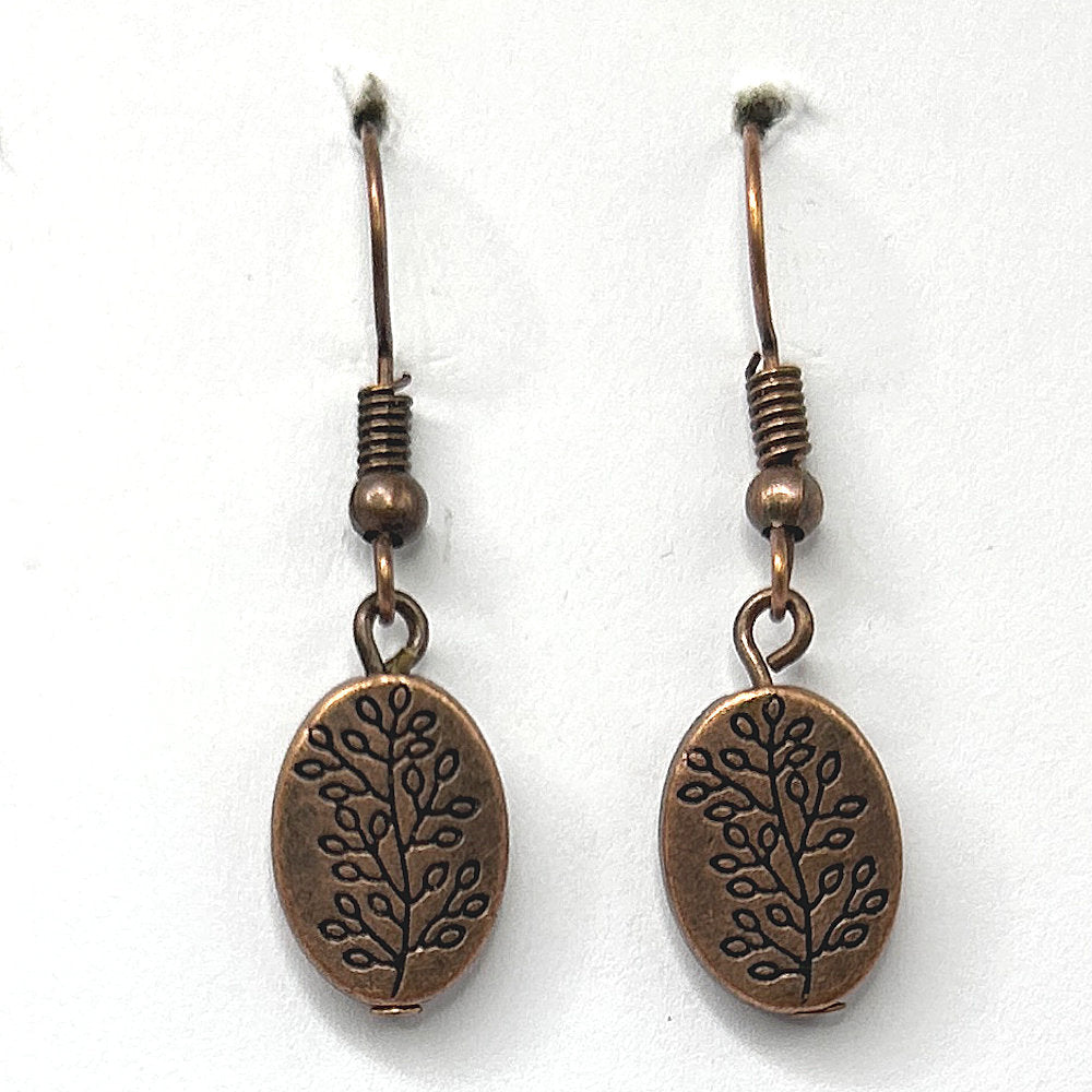 Small Copper Oval Earrings with Branch Embellishment