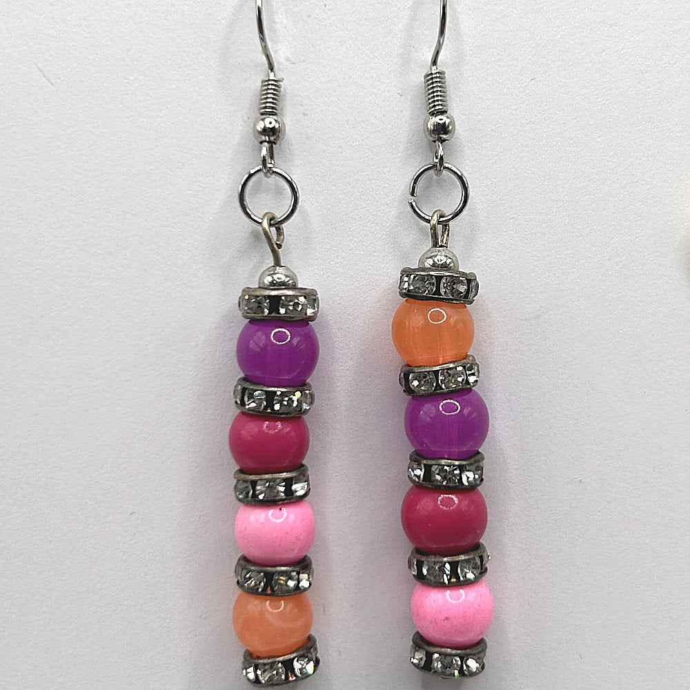 Multi Pink-Orange Ball Dangle Earrings with Rhinestone Accents