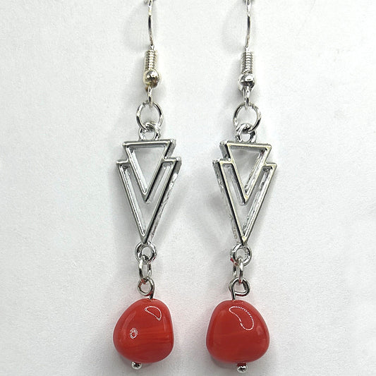 Double Triangle Earrings with Red Drops