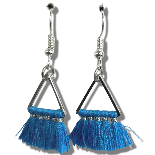 Blue Triangle Thread Tassel Earrings