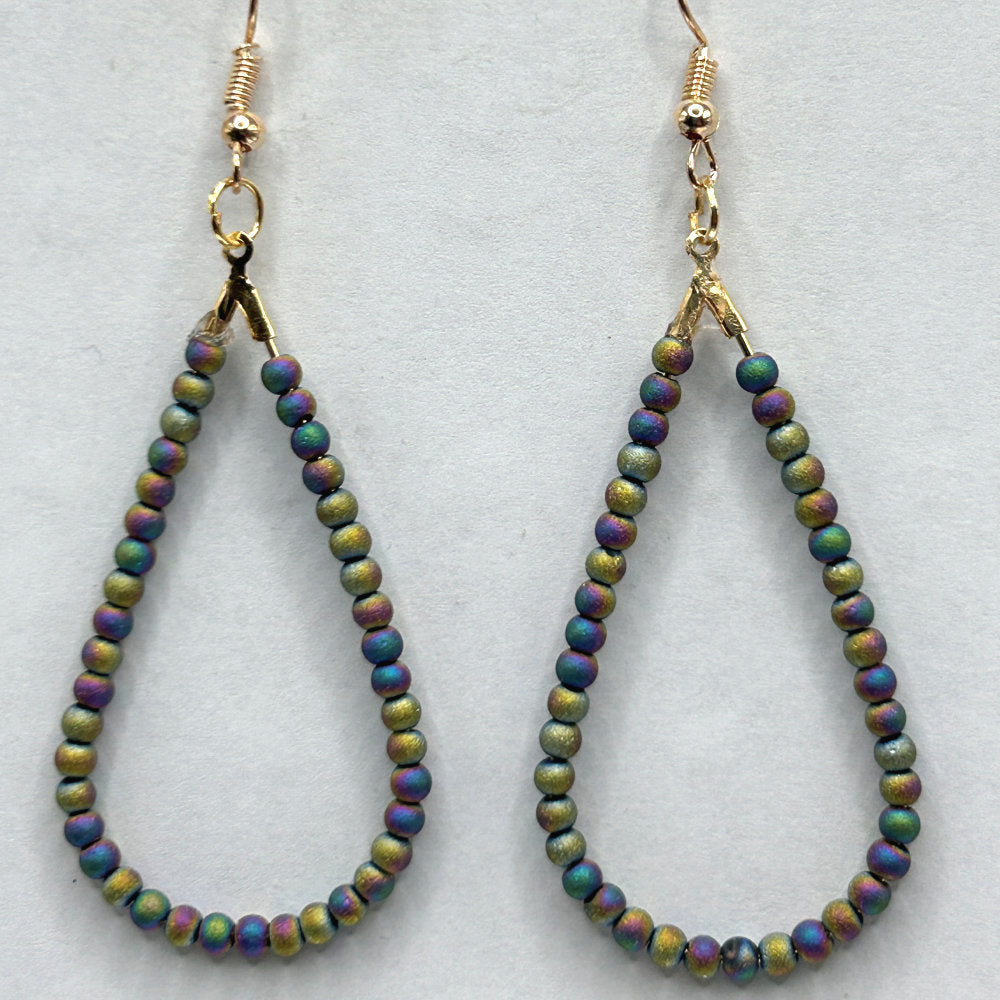 Teardrop Loop Earrings with Tiny Green Iris Beads
