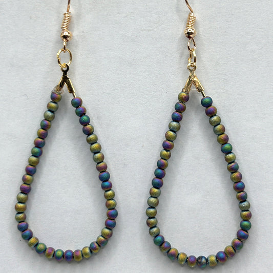 Teardrop Loop Earrings with Tiny Green Iris Beads