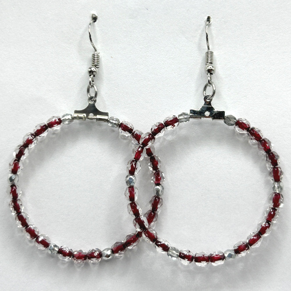 Clear and Cranberry Red Large Loop Earrings