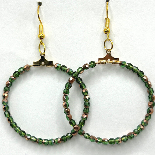 Large Loop Earrings with Green/Half-Gold Czech Glass Beads