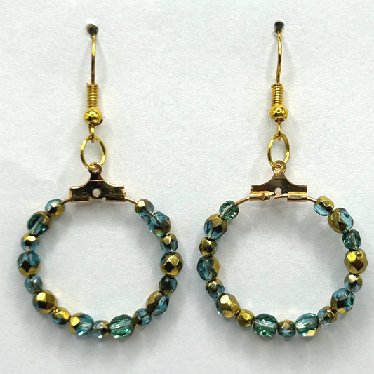 Blue and Gold Czech Glass Small Loop Earrings