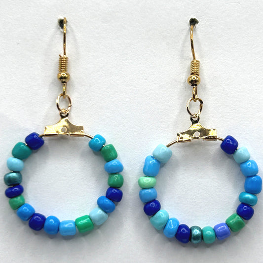 Small Loop Earrings with Blue and Green Seed Beads