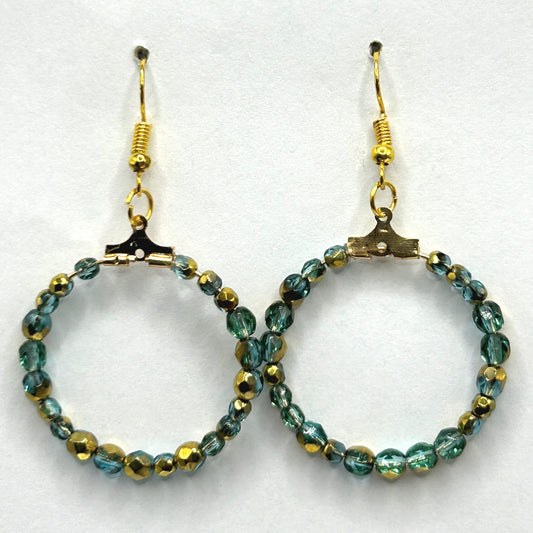 Green and Gold Czech Glass Medium Loop Earrings