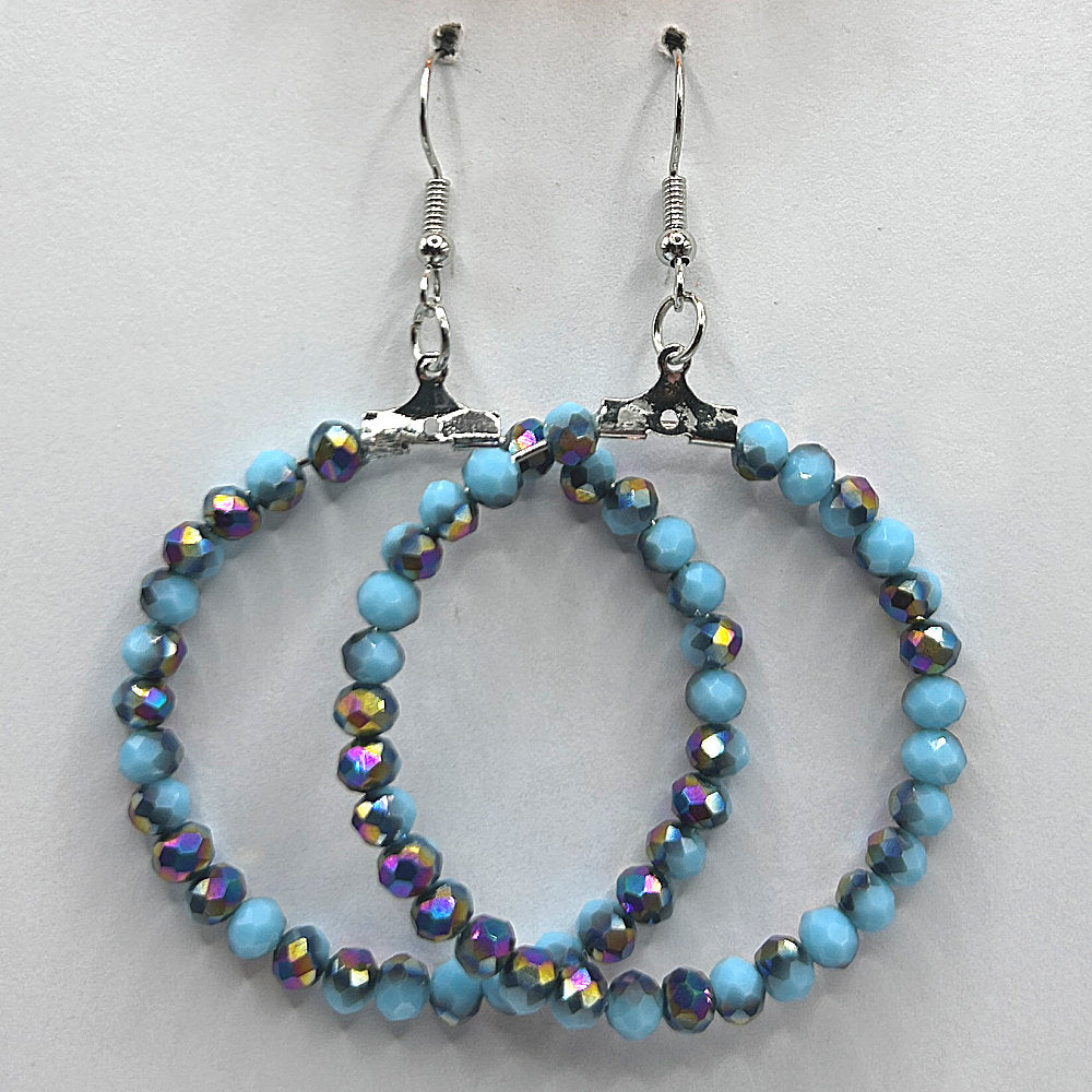 Sky Blue Large Loop Earrings with Multicolor Metallic Coating