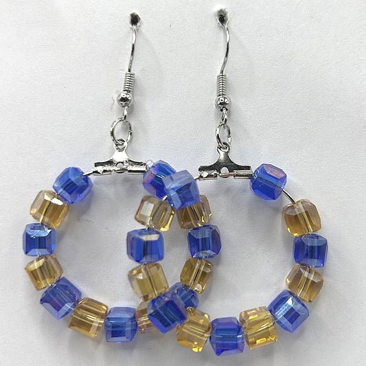 Medium Blue and Yellow Square Bead Loop Earrings