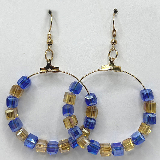 Large Blue and Yellow Square Bead Loop Earrings