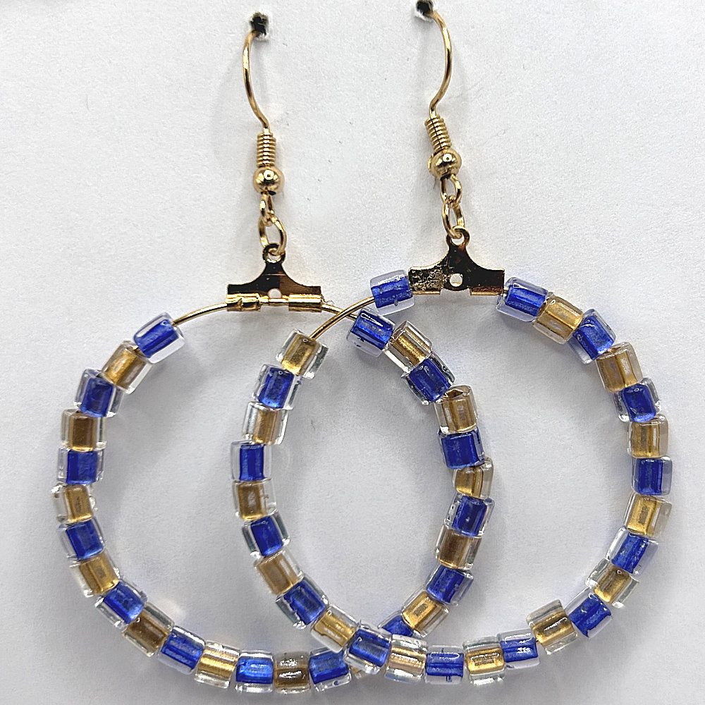 Large Loop Earrings with Blue and Gold Square Beads