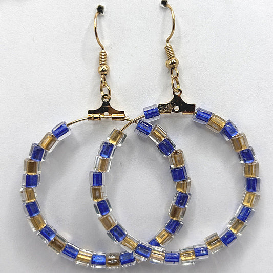 Large Loop Earrings with Blue and Gold Square Beads