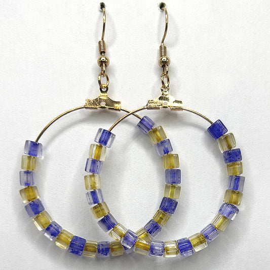 Large Loop Earrings with Matte Blue and Yellow Square Beads