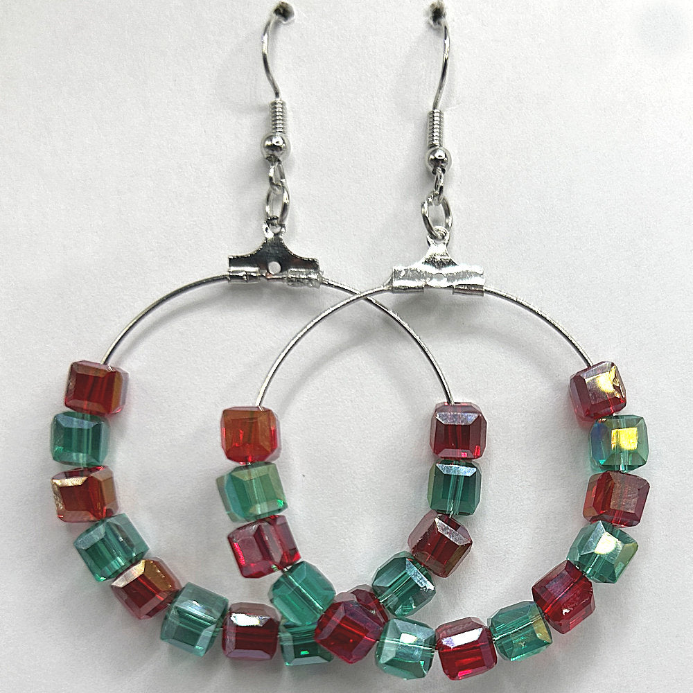 Christmas Large Loop Earrings with Red and Green Square Beads (Heavy)