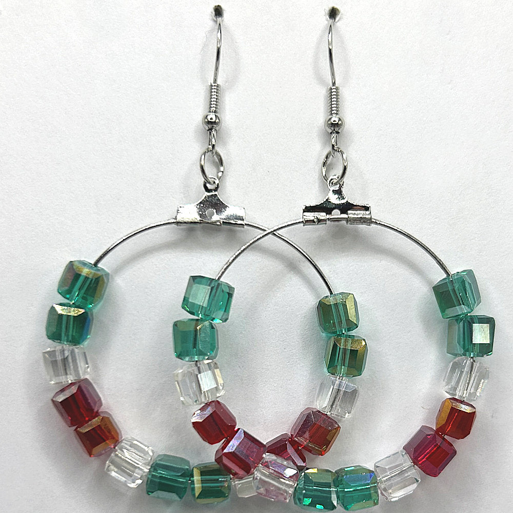 Christmas Large Loop Earrings with Red, Clear, and Green Glass Beads (Heavy)