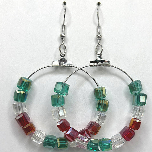 Christmas Large Loop Earrings with Red, Clear, and Green Glass Beads (Heavy)