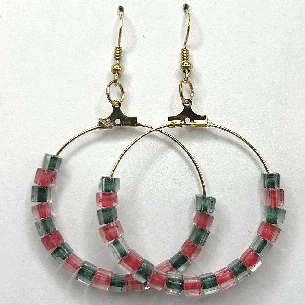 Christmas Large Loop Earrings with Matte Red and Green Beads