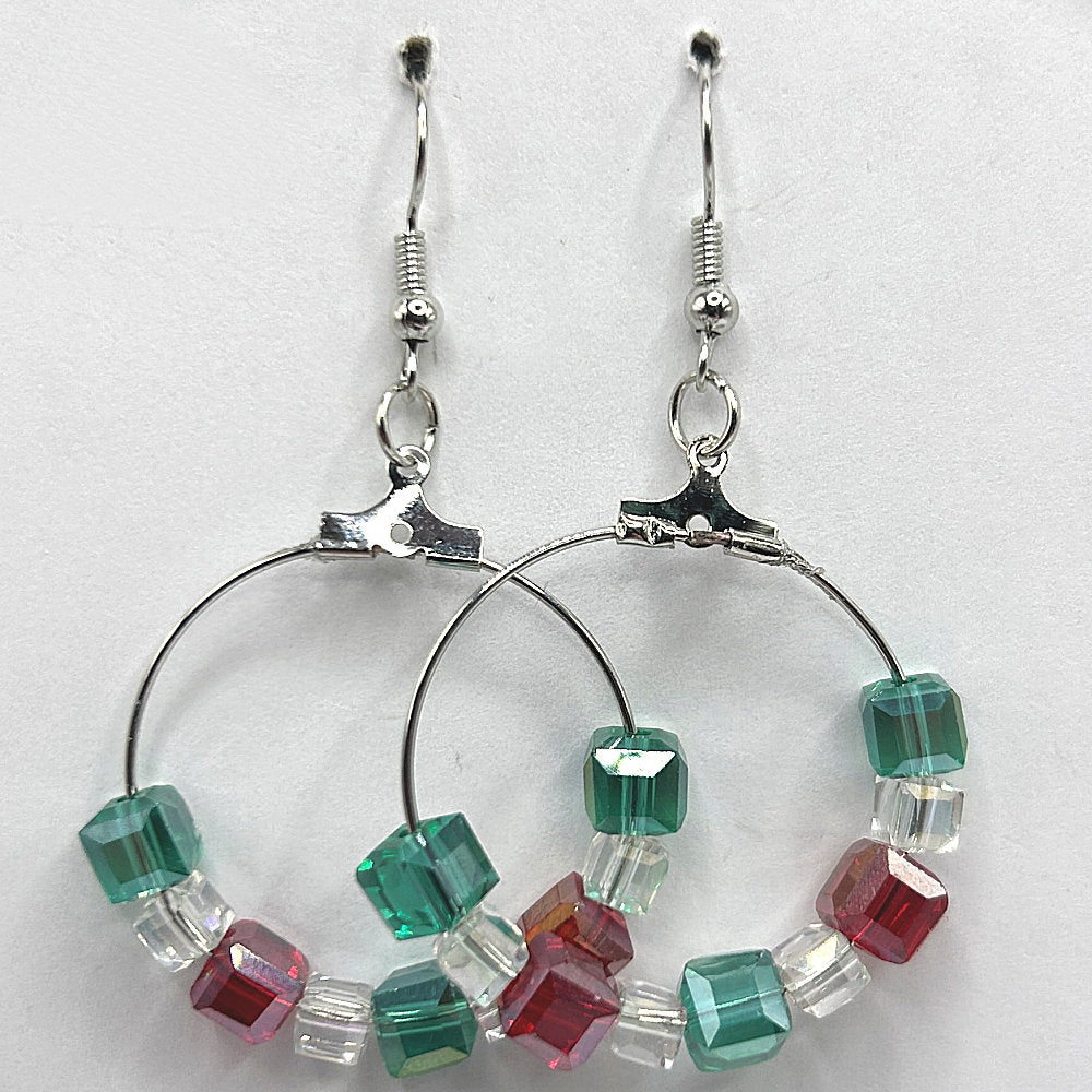 Christmas Medium Loop Earrings with Red, Clear, and Green Square Beads