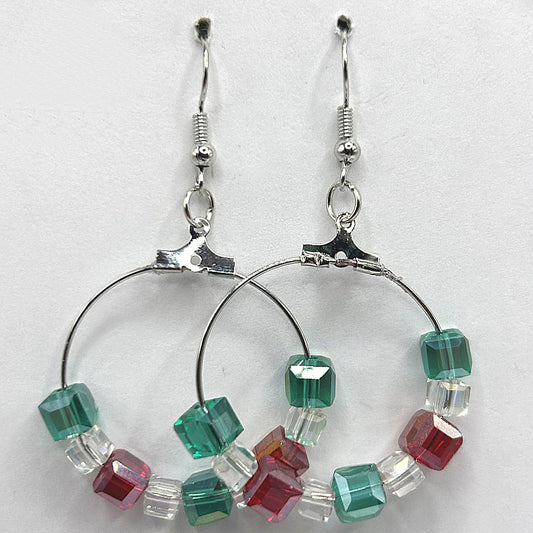 Christmas Medium Loop Earrings with Red, Clear, and Green Square Beads