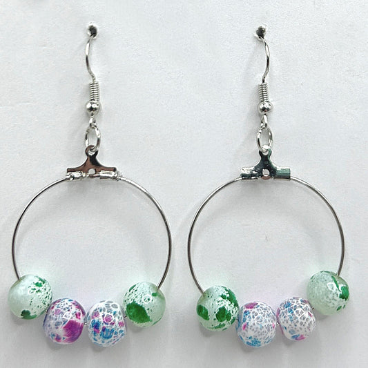 Medium Loop Earrings with Pink and Green Splatter Paint