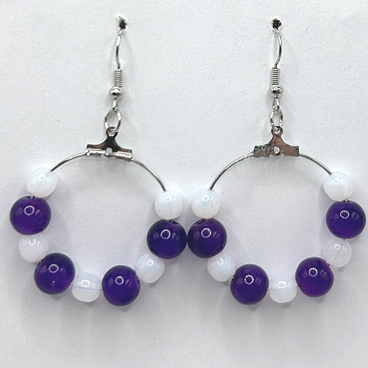 Medium Loop Earrings with White and Purple Beads