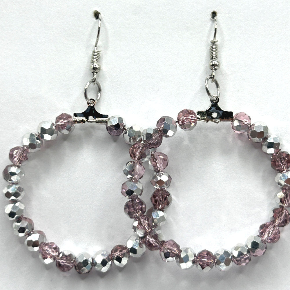 Large Loop Earrings with Pink Beads and Half-Silver Coating (Heavy)