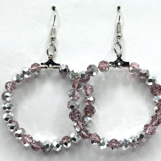 Large Loop Earrings with Pink Beads and Half-Silver Coating (Heavy)