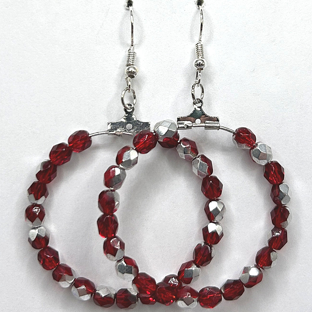 Large Loop Earrings with Red Half-Silver Coated Beads