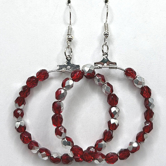 Large Loop Earrings with Red Half-Silver Coated Beads