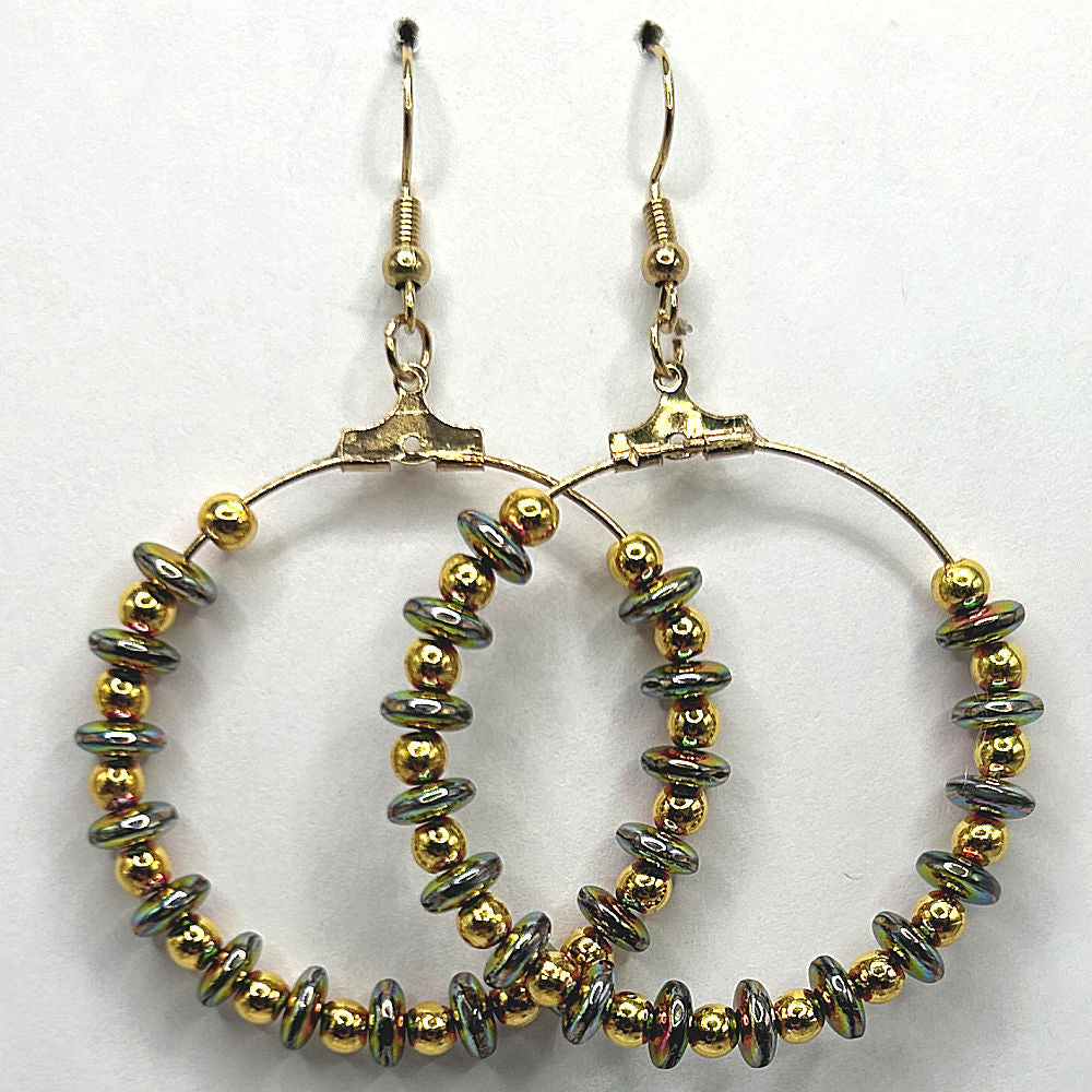 Large Loop Earrings with Multicolor Metallic Golden-Coated Beads