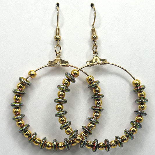 Large Loop Earrings with Multicolor Metallic Golden-Coated Beads