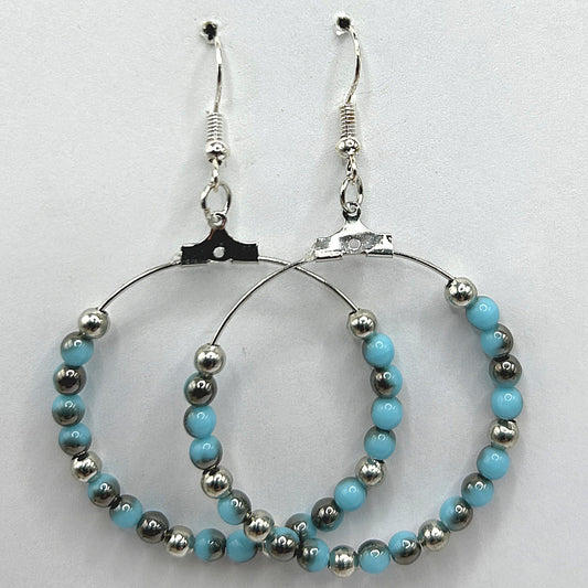 Large Loop Earrings with Blue Half-Metallic Beads