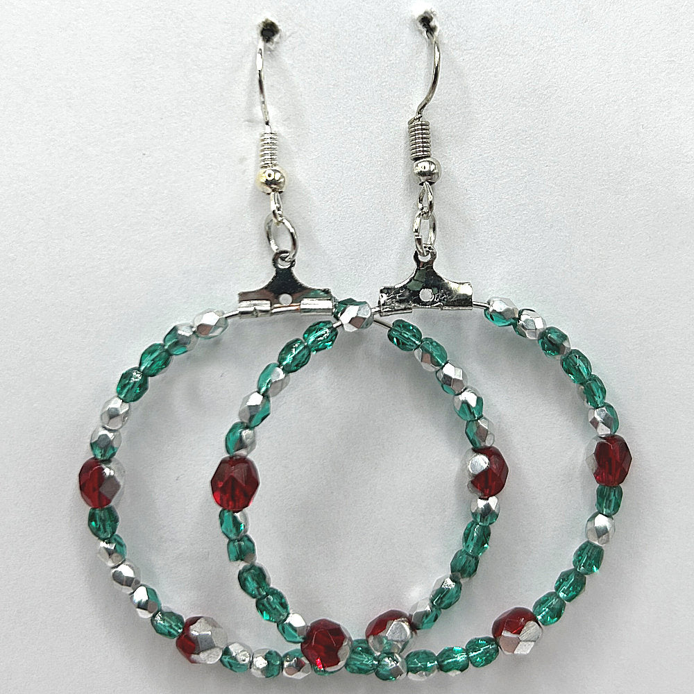 Large Loop Earrings with Green and Red Half-Metallic Czech Glass Beads