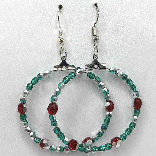Large Loop Earrings with Green and Red Half-Metallic Czech Glass Beads