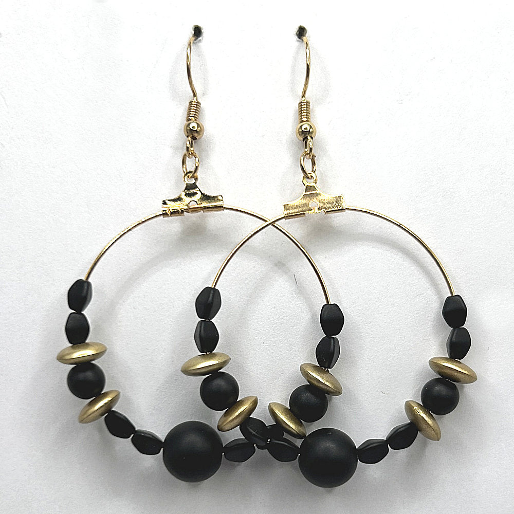 Large Loop Earrings with Matte Black and Golden Beads