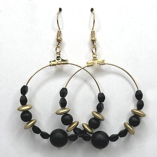 Large Loop Earrings with Matte Black and Golden Beads