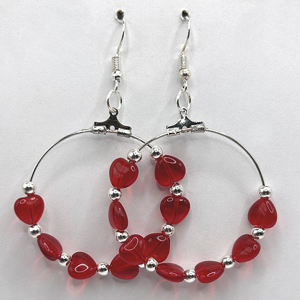 Large Loop Earrings with Red Glass Hearts