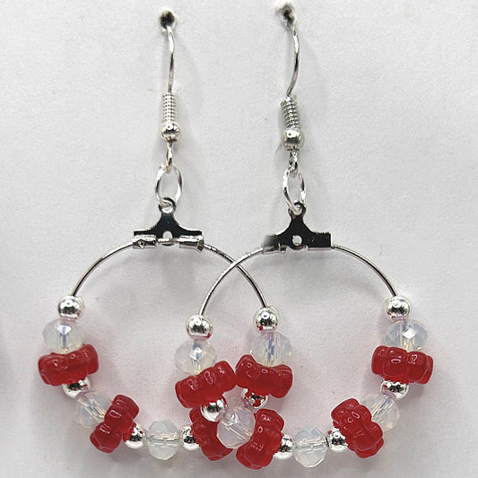 Medium Loop Earrings with Red Flower and Opalesque Beads