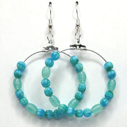 Large Loop Earrings with Mixed Shape Light Blue Beads