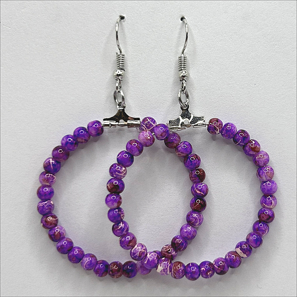 Large Loop Earrings with Purple-Yellow-Brown Swirl Beads